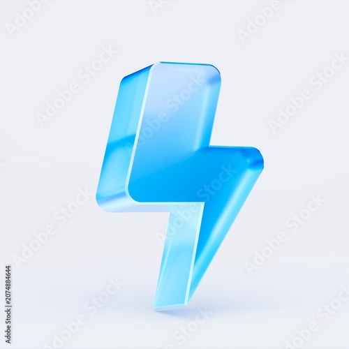 3D lightning bolt icon isolated on white background, concept of energy power electricity speed flash. Transparent Liquid Glass icon. 3D rendering.