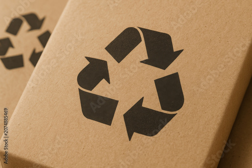 Eco friendly kraft paper packaging with printed recycling symbols on brown cardboard boxes showing sustainable product design and biodegradable materials concept close up minimal style