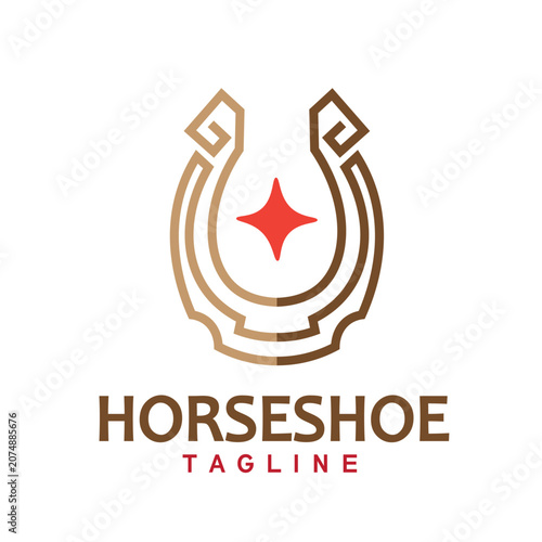 Modern elegant geometric horseshoe symbol with star logo design. Minimalist line art and symmetrical shape vector illustration for horse clubs, equestrian businesses