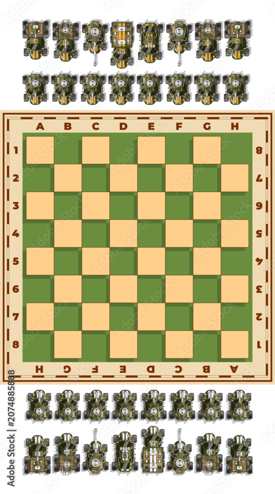 Fototapeta premium Stylized chess with military equipment. View from above. Isolated on white background. Vector illustration.