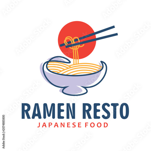 Bowl of noodles with chopsticks and a rising sun logo. Modern minimalist and colorful Japanese ramen restaurant vector illustration for ramen shops, noodle houses,restaurants