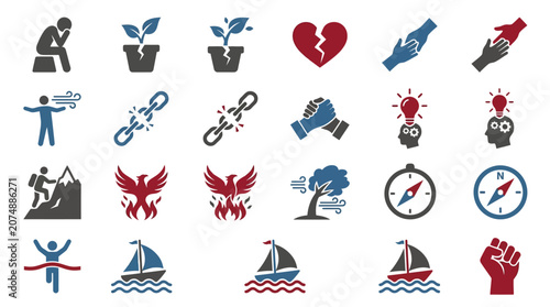 Icons representing resilience, strength and overcoming adversity