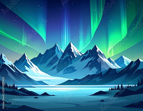 A serene mountain range under the vibrant aurora borealis
