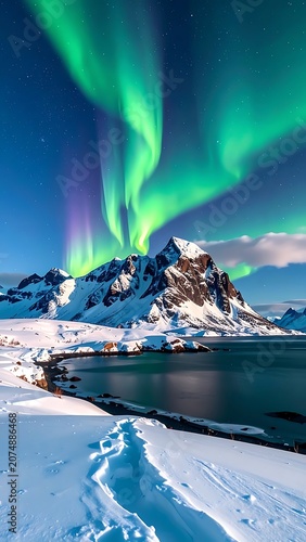 A serene snowy landscape with the aurora borealis