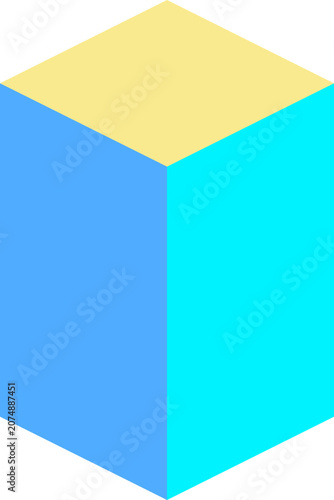 Single colorful 3D isometric cube featuring yellow blue and cyan faces on white background illustration