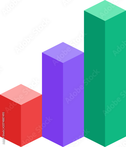 Isometric 3D bar graph showing business growth trends with red purple and green columns illustration