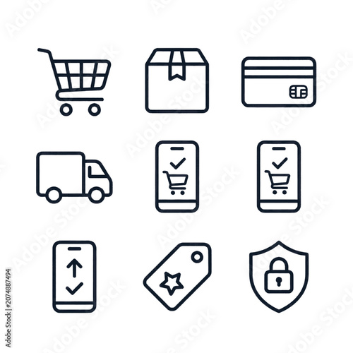 Set of e-commerce icons representing online shopping, delivery, and payment methods.