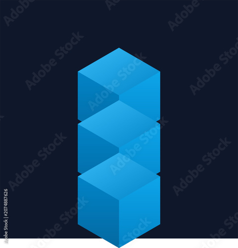Vertical stack of three bright blue isometric 3D cubes against a dark navy background illustration