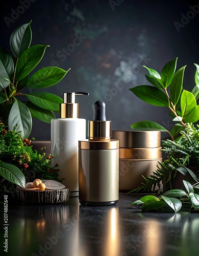 Luxurious skincare products surrounded by lush greenery on a reflective surface