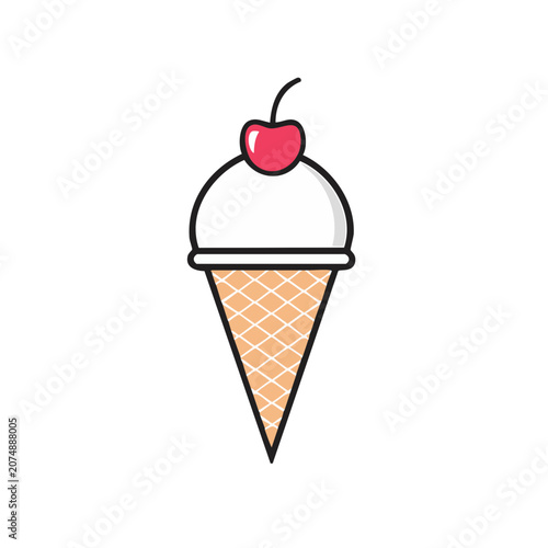 Ice cream cone with cherry on top, flat vector illustration