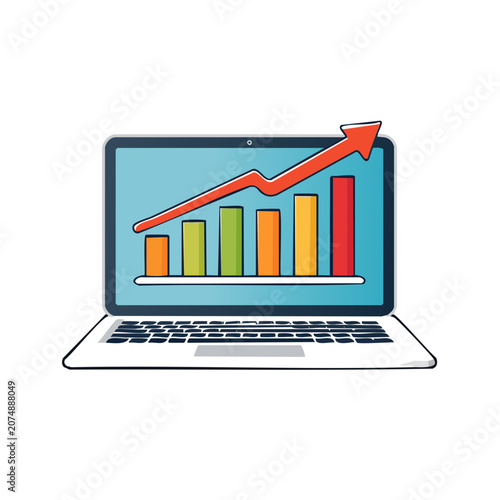 Laptop with rising bar chart and arrow on screen