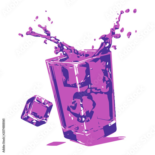 Purple drink splash in glass with ice cubes vector