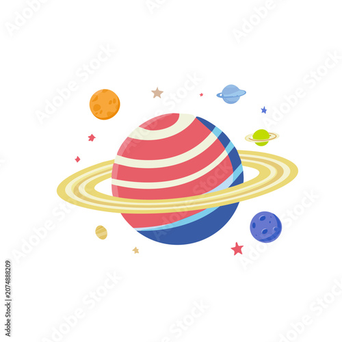 Stylized planet with rings and smaller planets in space