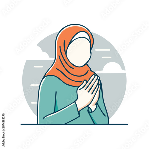 Woman in hijab praying, flat vector illustration
