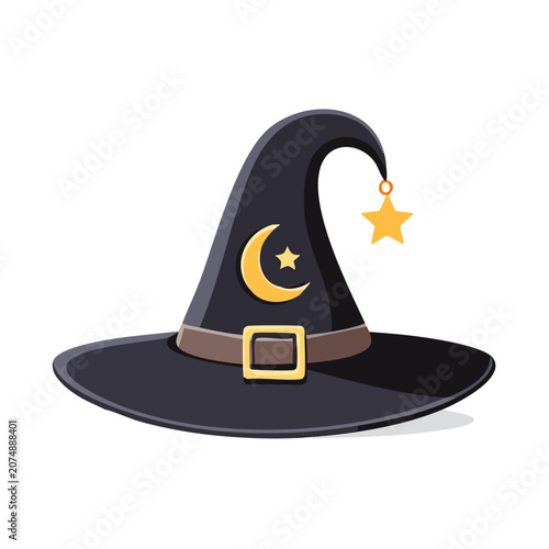 Black Witch Hat with Moon and Star Illustration