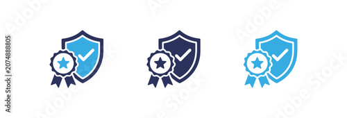 Set of three security shield icons with checkmark and quality award ribbon badges.