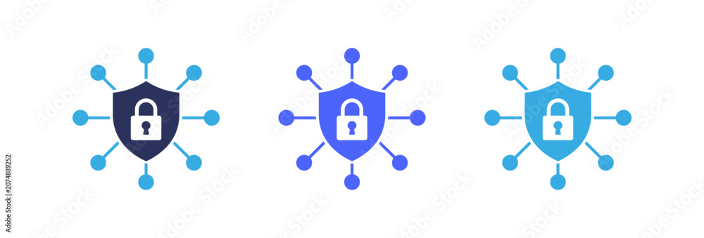 Fototapeta premium Cyber security shield icons with padlock and network connection nodes in blue colors.