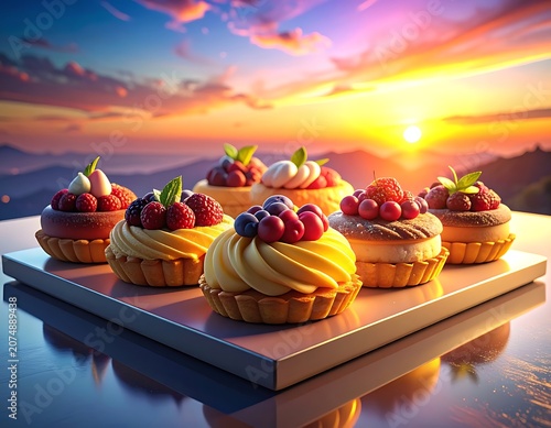 A colorful dessert display at sunset