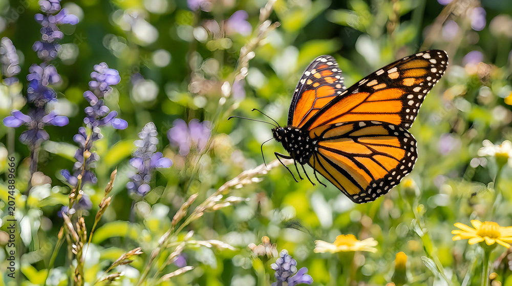 Obraz premium Beautiful orange monarch butterfly resting on a green plant in a sunny summer garden