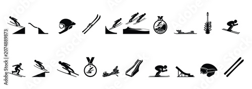 Konstfotografi Ski Jumping Winter Sports Silhouette Icons Collection with Ski Jumper Ramp Helme