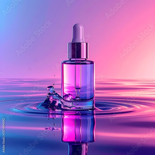 A glass bottle with a dropper in water with ripples and colorful background