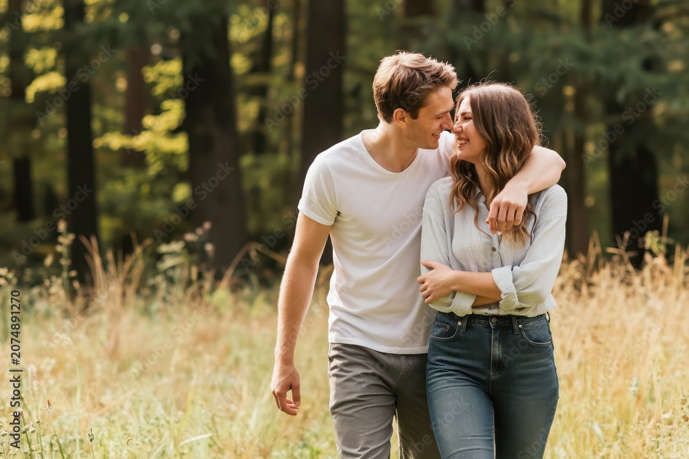 Fototapeta premium Young couple walks through summer forest. Man hugs woman, they smile looking each other. Romantic partners enjoy nature, outdoor leisure time together.