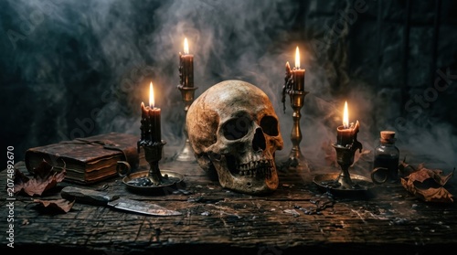 Halloween skull altar with black candles, old book, potion bottle, and smoke.