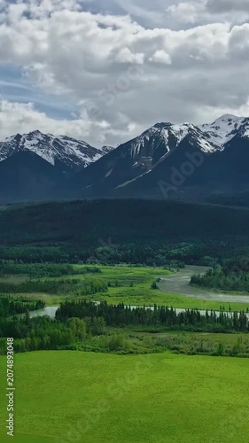 Aerial view over a mountain forest, Canada
