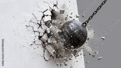 Wrecking Ball Smashing Through White Wall Creating Debris and Dust.
