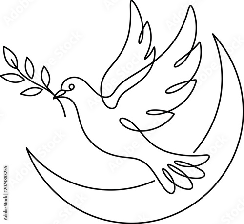 Minimalist continuous line art drawing of a dove carrying an olive branch over a crescent moon.