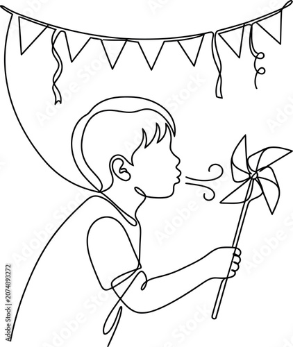 A continuous line drawing of a young boy blowing on a spinning pinwheel toy.