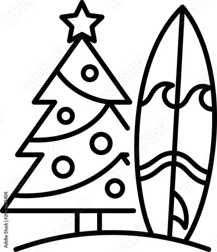A simple line art icon featuring a decorated Christmas tree next to a surfboard.