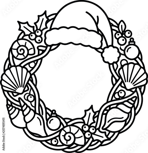 A festive coastal Christmas wreath featuring seashells and a Santa hat.