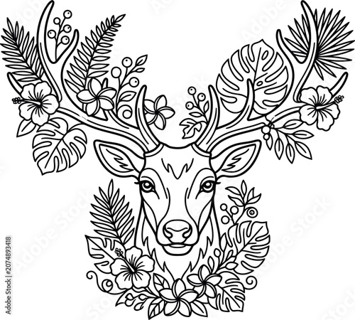 Intricate deer head illustration adorned with tropical flowers and lush botanical foliage.