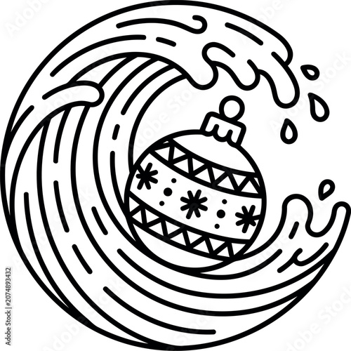 A stylized line art illustration of a Christmas ornament being engulfed by a crashing ocean wave.