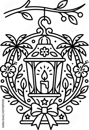 A decorative hanging lantern illustration featuring tropical palm trees and hibiscus flowers.