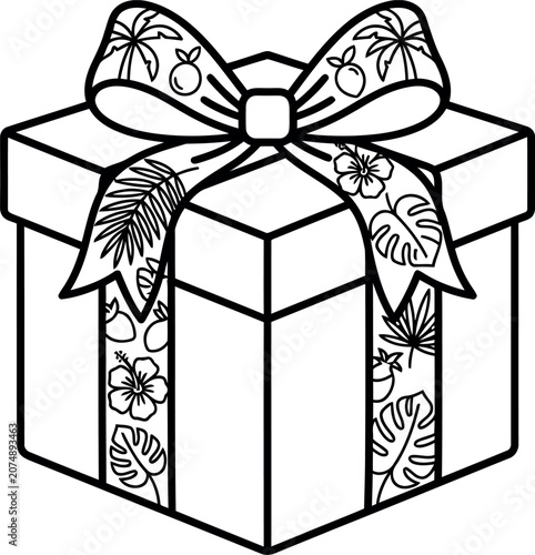 A black and white line art illustration of a gift box decorated with tropical patterns.