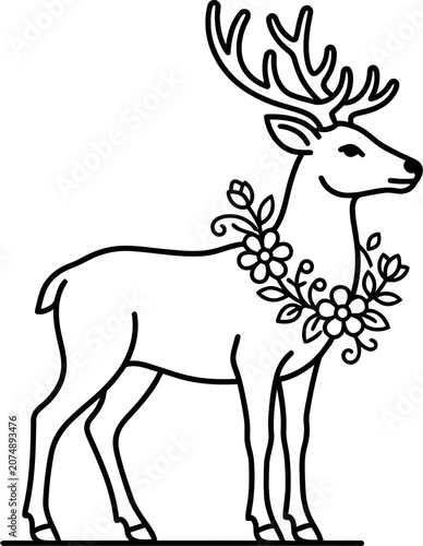 A minimalist black and white line art illustration of a majestic deer adorned with a floral wreath.