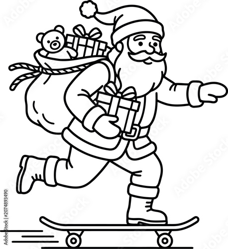 Santa Claus riding a skateboard while carrying a sack of gifts.