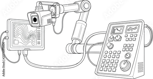 Line art illustration of a professional medical surgical microscope system.