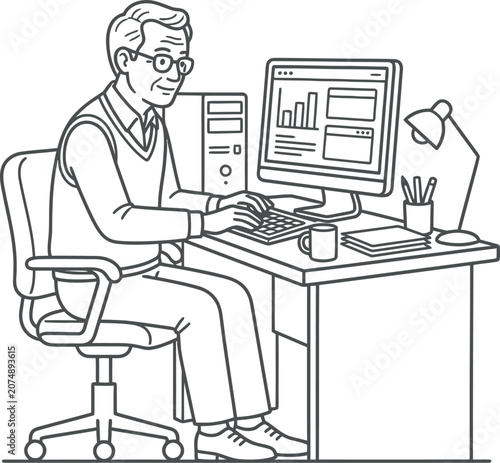 An elderly man working diligently on his computer at a desk.