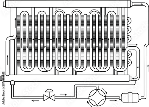 Technical line art illustration of a heat exchanger or refrigeration coil system.