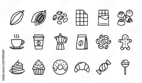 Bild auf Leinwand Chocolate and confectionery outline icon collection vector illustration