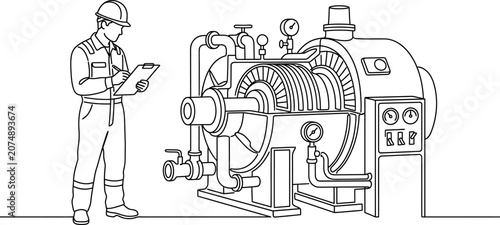 A professional engineer inspecting a large industrial turbine machine.