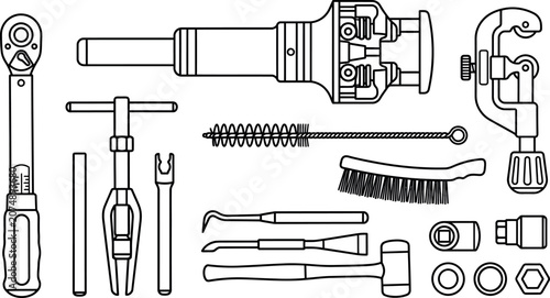A collection of various mechanical repair tools and hardware components in a line art style.