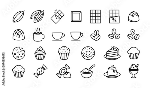 Tableau sur toile Chocolate line icon set with cocoa coffee dessert and confectionery symbols