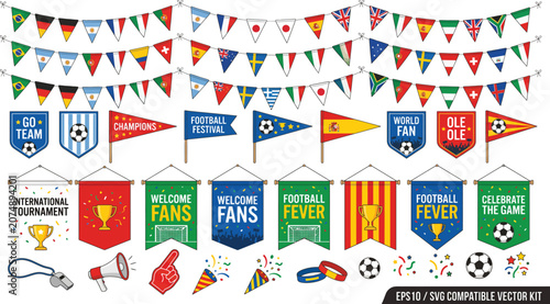 Pennant banner garland with national flags and football motifs vector illustration