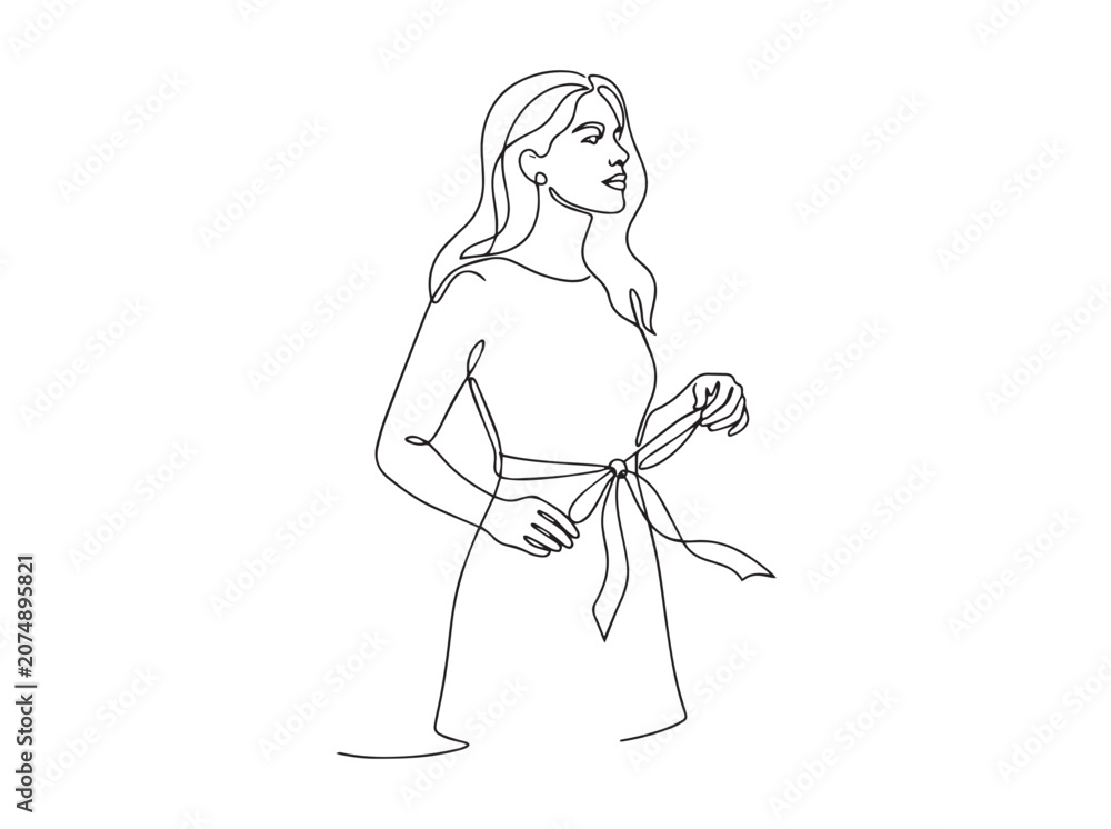 Fototapeta premium Continuous line drawing of minimalist elegant woman tying ribbon bow on her dress vector illustration