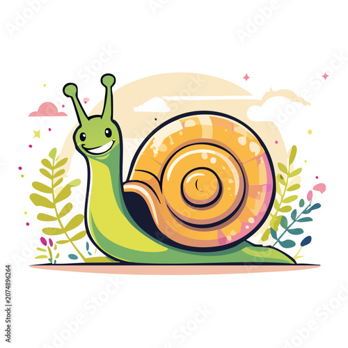 Cute cartoon snail with colorful shell and nature elements