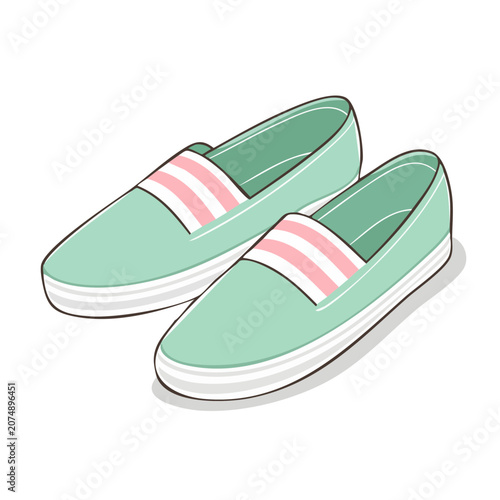 Flat illustration of mint green slip on shoes with pink stripes